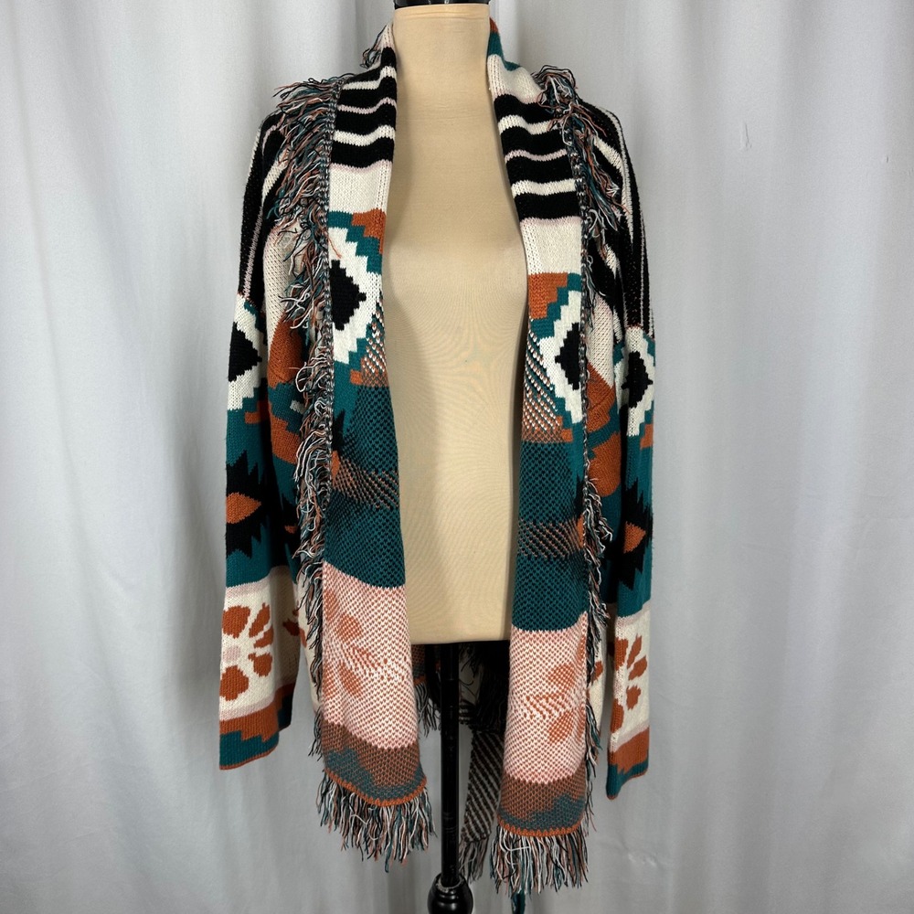 Wonderly Southwestern Aztec Fringe Belted Cardigan Sweater Teal Rust 1X - Picture 3 of 9